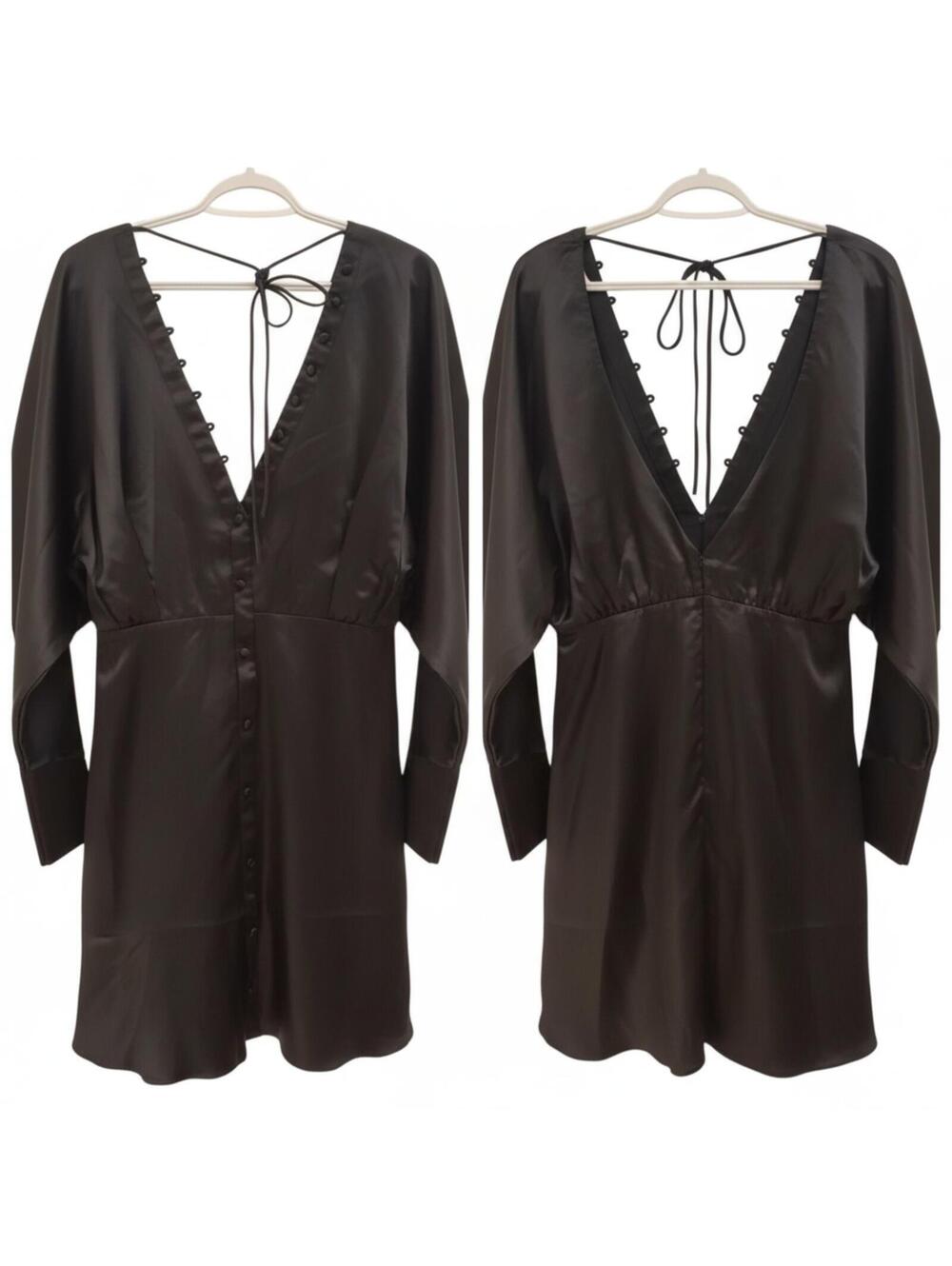 Asos Design Dress Button Front Tie Back Long Sleeve Party Black Size 10